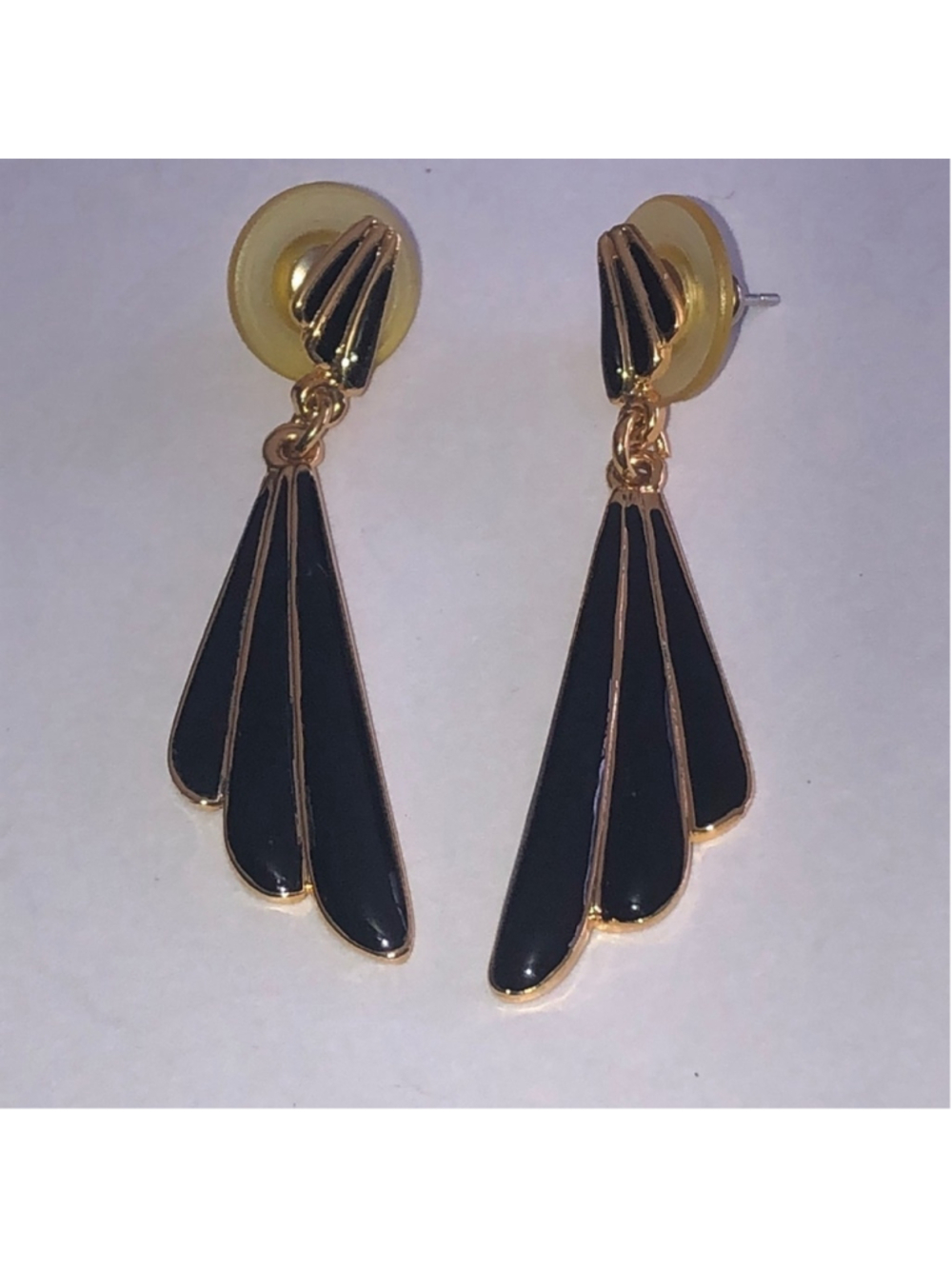 Vintage Black Enamel and Gold Tone Retro Boho Dangle Earrings